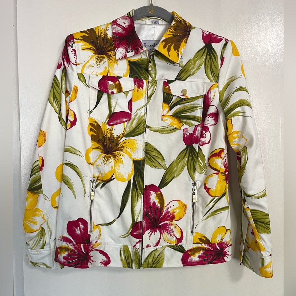 Pamela McCoy Colorful Plumeria Patterned Cotton Blend Jacket | Womens XS